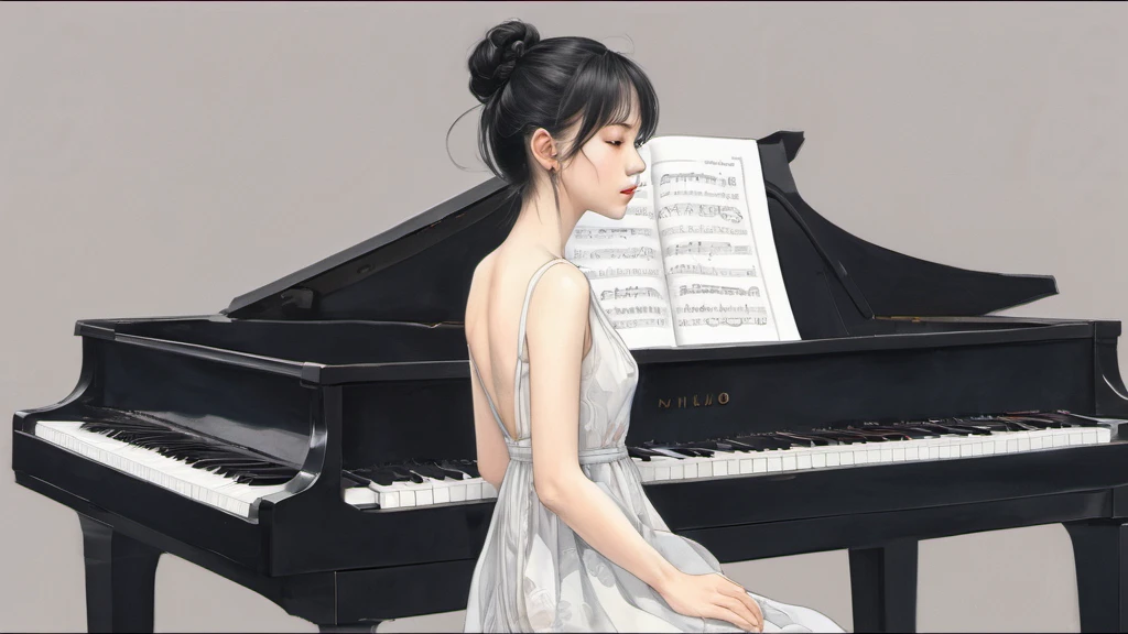 xxmixgirl,,Jing-Hao Zhang style, dark gray and light black, 8K resolution, Miho Hirano, character caricature, Albert Edelfeldt, playing the piano
