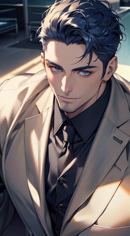 (best quality,4k,8k,highres,masterpiece:1.2),ultra-detailed,(realistic,photorealistic,photo-realistic:1.37),1 man,31 years old,mature man,very handsome,without expression,smile,short blue hair,blue eyes,penetrating gaze,perfect face without errors,imposing posture,businessman,office background,cinematic lighting,hdr image