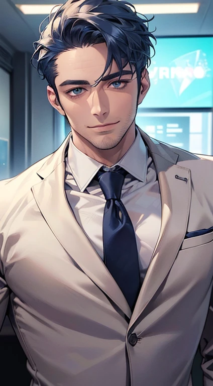 (best quality,4k,8k,highres,masterpiece:1.2),ultra-detailed,(realistic,photorealistic,photo-realistic:1.37),1 man,31 years old,mature man,very handsome,without expression,smile,short blue hair,blue eyes,penetrating gaze,perfect face without errors,imposing posture,businessman,office background,cinematic lighting,hdr image