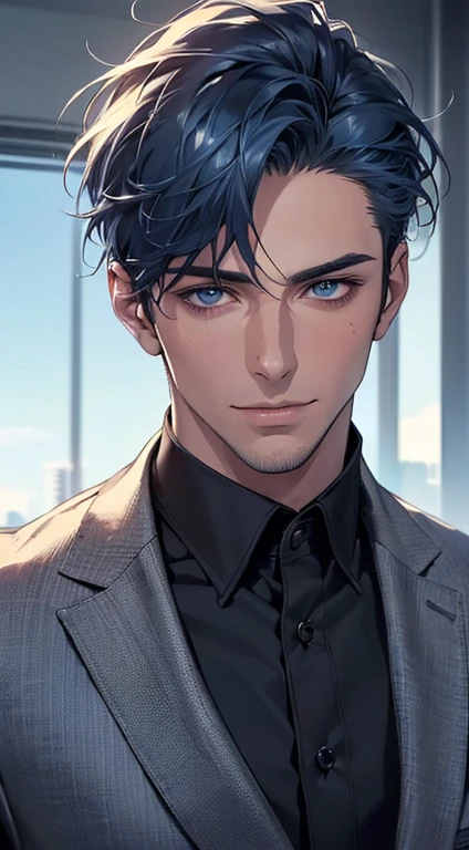 (best quality,4k,8k,highres,masterpiece:1.2),ultra-detailed,(realistic,photorealistic,photo-realistic:1.37),1 man,31 years old,mature man,very handsome,without expression,smile,short blue hair,blue eyes,penetrating gaze,perfect face without errors,imposing posture,businessman,office background,cinematic lighting,hdr image