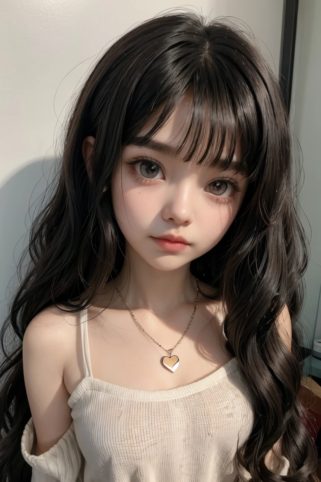 Blythe doll with black wavy hair, medium long, without fringe, BROWN SKIN, dark brown eyes and wearing a top and a heart necklace
