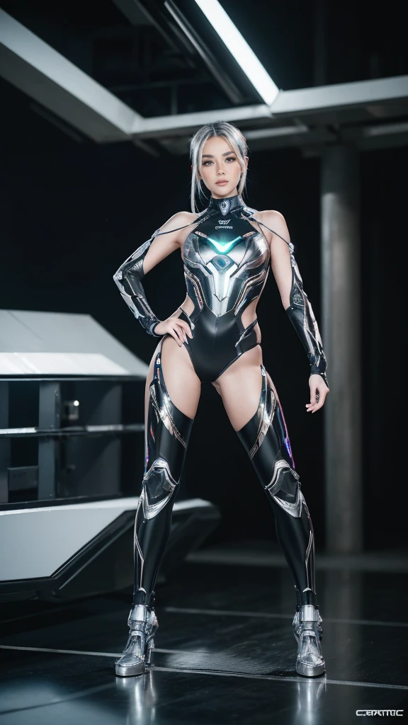 1girl, ultra realistic, ultra crisp, NVIDIA RTX, unreal engine, perfect slim body, realistic face, perfect face, realistic body, epic skin details, white hair, hair blown with strong winds, hyper rendering, ultra details, glowing eyes, purple eyes, blush, parted lips, cybernetic ear, cybernetic metalic hands, cybernetic metalic legs, luminous cybernetic futuristic metalic mechanical body, ultra realistic lights reflection details, ((full body shown)), from below, posing in the middle.