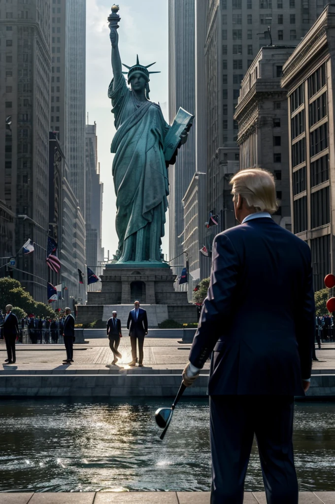 4k, Best quality, masterpiece, ultra high res, beautiful lighting, (realistic, photo-realistic:1.4), realistic background, Donald Trump and Joe Biden, playing golf, statue of liberty crumbling in the background, US stock market plunging in the background