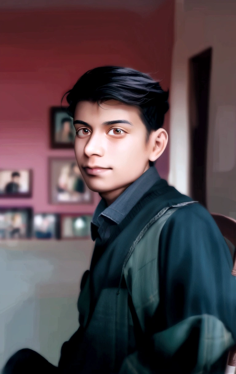 there is a man sitting on a chair in a room, with accurate face, around 1 9 years old, front profile!!!!, portait photo profile picture, with lovely look, candid picture, taken with the best dlsr camera, inspired by Saurabh Jethani, very very low quality picture, ayan nag, vastayan, profile picture, taken with sony alpha 9