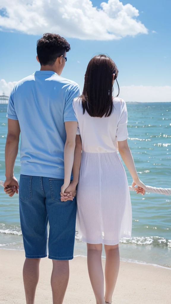 Blue sky with white clouds　Seaside　Pier　Casual clothing　Back view of a man and woman holding hands