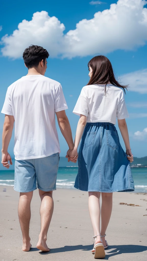 Blue sky with white clouds　Seaside　Pier　Casual clothing　Back view of a man and woman holding hands