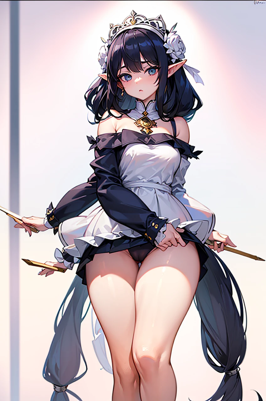 ((best qualityer)), ((work of art)), ((1 girl)), standing alone, balsa, ((long hair)), balsaBase, ((thicc thighs)), bared shoulders, ((jewerly)), elf girl, Soft, thicc thighs grandes, underwear.