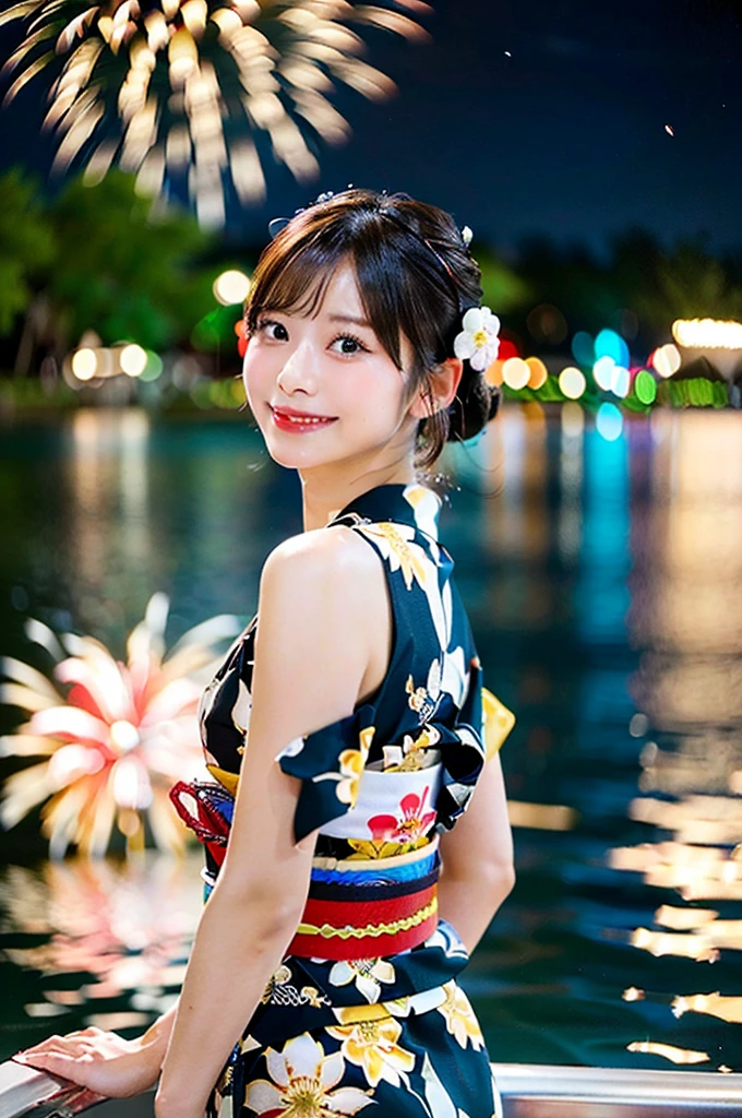 ((Highest quality, 8K, masterpiece: 1.3)),RAW Photos,Realistic atmosphere,Lens flare, Ray Tracing,(Detailed beautiful white skin:1.3),Beautiful Japanese,22 years old, Bun Hair,A gorgeous hairstyle with red and gold hair accessories,(Watching the fireworks wearing a floral yukata:1.2),The yukata being put on,((Looking back with an innocent smile:1.3)),Raise your hand and rejoice,Blurred grand fireworks,(Many colorful fireworks:1.2)Star Mine,((Fireworks that match the sky are reflected on the lake:1.3)),Detailed face,Fireworks across the sky,Large fireworks,Huge fireworks