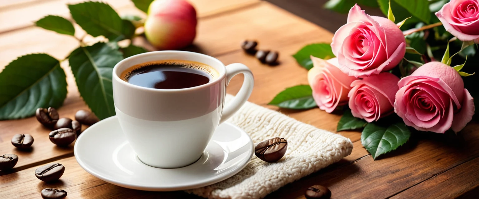 Best still life composition(best quality,4K,8K,high resolution,masterpiece:1.2),Super detailed,(Practical,photoPractical,photo-Practical:1.37),Coffee smoking slightly in white ceramic cup.Artist coffee impression.White sweater with clear texture,Wrinkles arranged randomly..apple.Sophisticated and elegant.Bouquet of bright pink and white roses flat lay from above(Lying flat on the table)..modern style.Fresh coffee beans are placed on the wooden bench next to it.Core and Texture. Freshness and flavor.Super detailed.(super quality,Super detailed,Super complex,Extremely complex)Soft and natural light and shadow.Reverse fragrance.No humans.Ultra wide angle, (Detailed texture),Background covered with film grain, Natural soft lighting,(Morning Scene.warm sunshine in the morning)Ray tracing, Vignette, Wide-angle lens, Ultra wide angle, best qualitycinematic lighting, Depth of Field, Outside the border, Negative Space, Letterbox header image