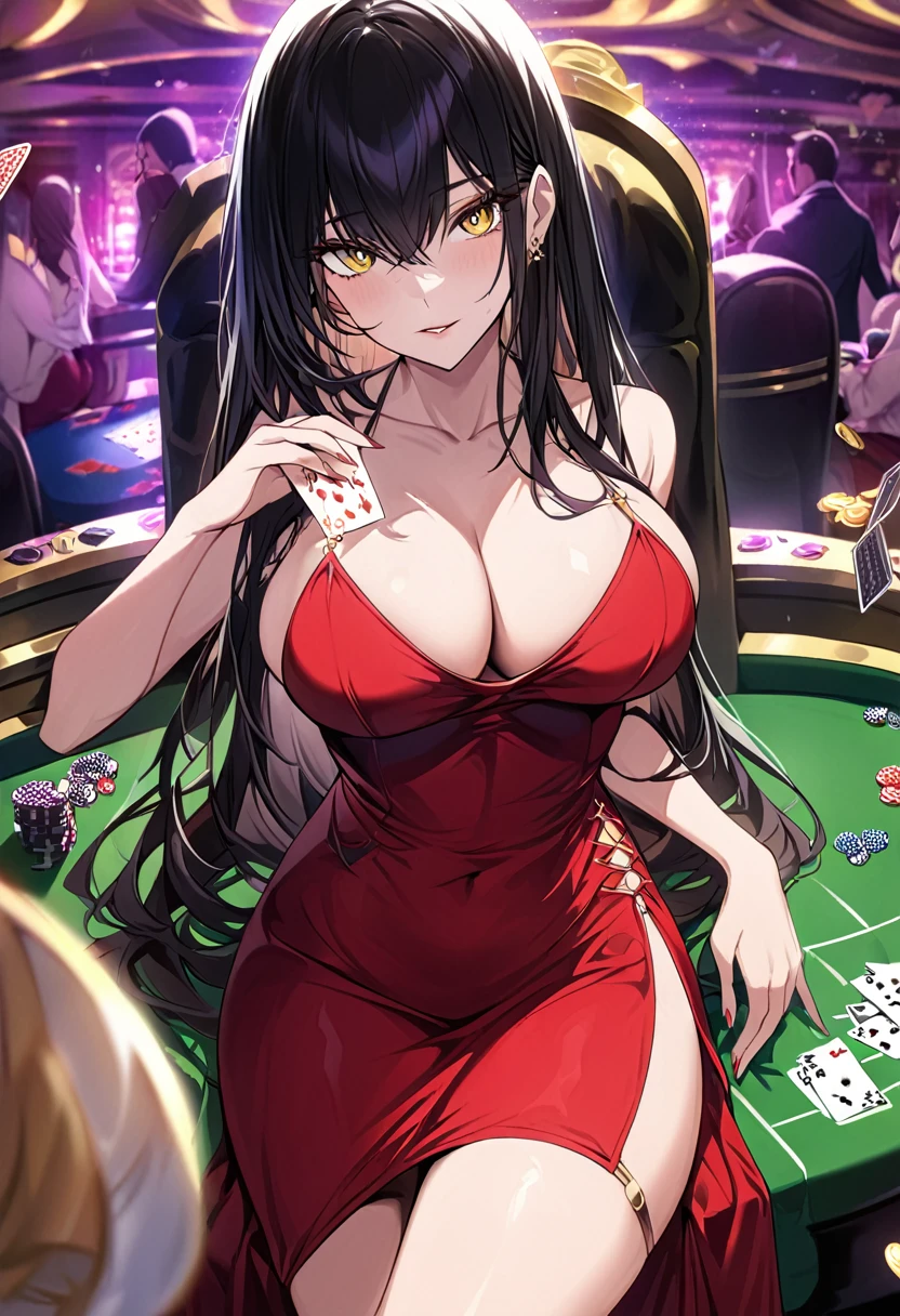 Adult female, busty, hourglass figure, sexy red dress, messy and long black hair, golden yellow irises, defined black pupils, passionate, seductive, casino, poker table, holding cards, sitting in a chair at a poker table, well defined, perfect definition, high quality, perfect eyes, perfect hands, crowded casino