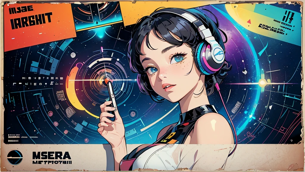 (((masterpiece, Highest quality))),(((alone:1.2))),(((One girl:1.2))),32K Wallpapers, Very detailed, Poster, Vintage science fiction, 1960s,(((((geometric cinematic Music poster))))), (futuristic), shape,(((Plane composition))), Midcentury Modern, movie Poster, Vintage, Perfect Lady,1970s, Halftone, Speech bubble,(((portfolio,close))),(((Different angles))),(((breast enhancement))),((highlight)),Vast landscape,((((Heterochromia iridis)))),(((completion. Detailed face))),(((Very talented))),(((Wearing headphones))),((Overall colorful))