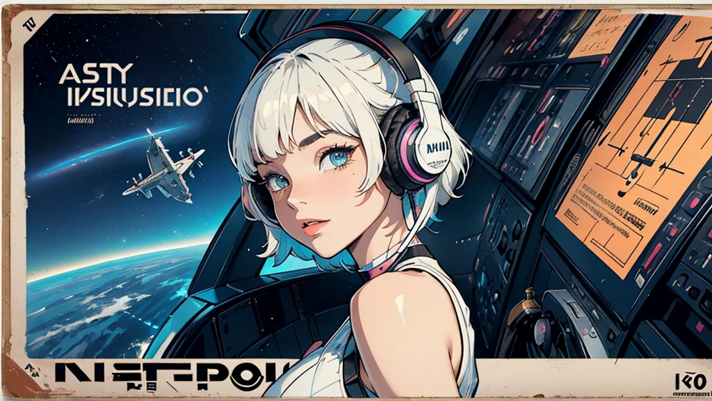 (((masterpiece, Highest quality))),(((alone:1.2))),(((One girl:1.2))),32K Wallpapers, Very detailed, Poster, Vintage science fiction, 1960s,(((((geometric cinematic Music poster))))), (futuristic), shape,(((Plane composition))), Midcentury Modern, movie Poster, Vintage, Perfect Lady,1970s, Halftone, Speech bubble,(((portfolio,close))),(((Different angles))),(((breast enhancement))),((highlight)),Vast landscape,((((Heterochromia iridis)))),(((completion. Detailed face))),(((Very talented))),(((Wearing headphones))),((Overall colorful))