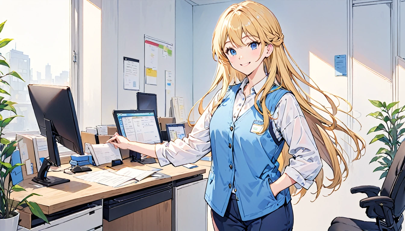 white shirt and blue vest、pants、Are standing、Working in an office、Long Hair、Blonde、smile、One girl on a simple background