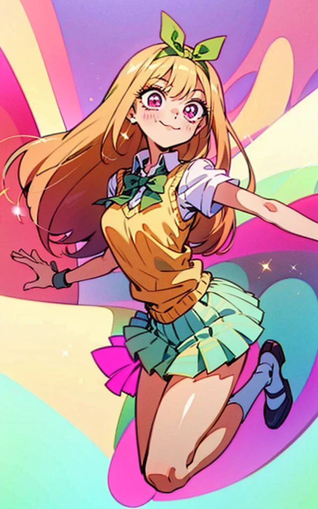 Marin kitagawa, long hair, marin drssed up as Yotsuba Nakano, long blonde hair with pink ends, sparkling pink eyes, sweet face, cheery, playful happy face, lovely, 4k, perfect quality, excellent fusion, excellent character design, green ribbon, sleeveless yellow sweater, collared white short sleeved shirt, green bow tie, green pleated skirt, bright colors, pastel coloured image, vivid colours, light colours, simple background, magic hill background, splendid nature, natural light, daylight, full body, full shot, dinamic pose, extremely detailed, clean lineart, neat, smile