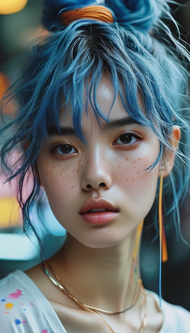 1girl, idol, close-up, collarbone, ,, photo, film, depth of field, skin texture, t-shirt, rubber band, topknot, long hair, messy hair, freckles, In the room, blush, focus on face, bangs, hair circle, blue hair Futuristic cities、TOKYOcty、empty mechanical car、natta、Numerous cyborgs fighting surrounded by creepy cyborg DNAt."."agnes cecile, Written by Andre Masson, Francis Bacon, 4K, intrincate details, Attention to detail, awardwinning, 8K, crisp quality, hyper realisitic, Exquisite craftsmanship, nffsw, masutepiece, Lusciousness, Mesmeric, Dreamy, Eye-catching, Irresistible, Fascinating, Glorious, divine, Pretty, excellent, Gorgeous, Very cute, Adorable, classy, Stunning, water color, painting, artwork, beautiful girl