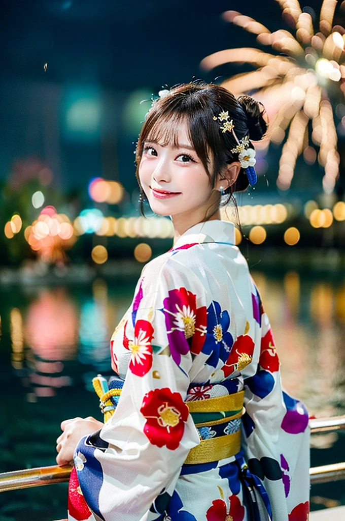 ((Highest quality, 8K, masterpiece: 1.3)),RAW Photos,Realistic atmosphere,Lens flare, Ray Tracing,(Detailed beautiful white skin:1.3),Beautiful Japanese,22 years old, Bun Hair,A gorgeous hairstyle with red and gold hair accessories,(Watching the fireworks wearing a floral yukata:1.2),Yukata with sleeves,((Looking back with an innocent smile:1.3)),Raise your hand and rejoice,Blurred grand fireworks,(Many colorful fireworks:1.tar Mine,((Fireworks that match the sky are reflected on the lake:1.3)),Detailed face,Fireworks across the sky,Large fireworks,Huge fireworks
