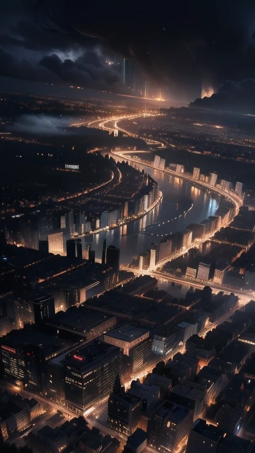 A stunning night cityscape, intricate architectural details, elegant skyscrapers, rain falling gently, dramatic cloudy sky, moody atmosphere, cinematic lighting, vibrant neon colors, reflective wet surfaces, futuristic urban landscape, dramatic shadows and highlights, hyper-realistic 3D rendering, photorealistic quality, masterpiece, cinematic composition, award-winning digital art