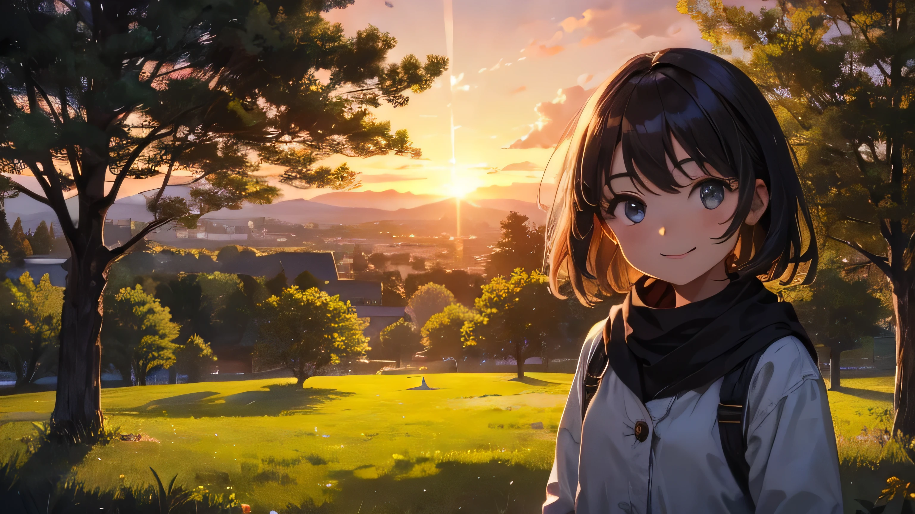 Please depict a young girl smiling in a nostalgic rural park during sunset.
