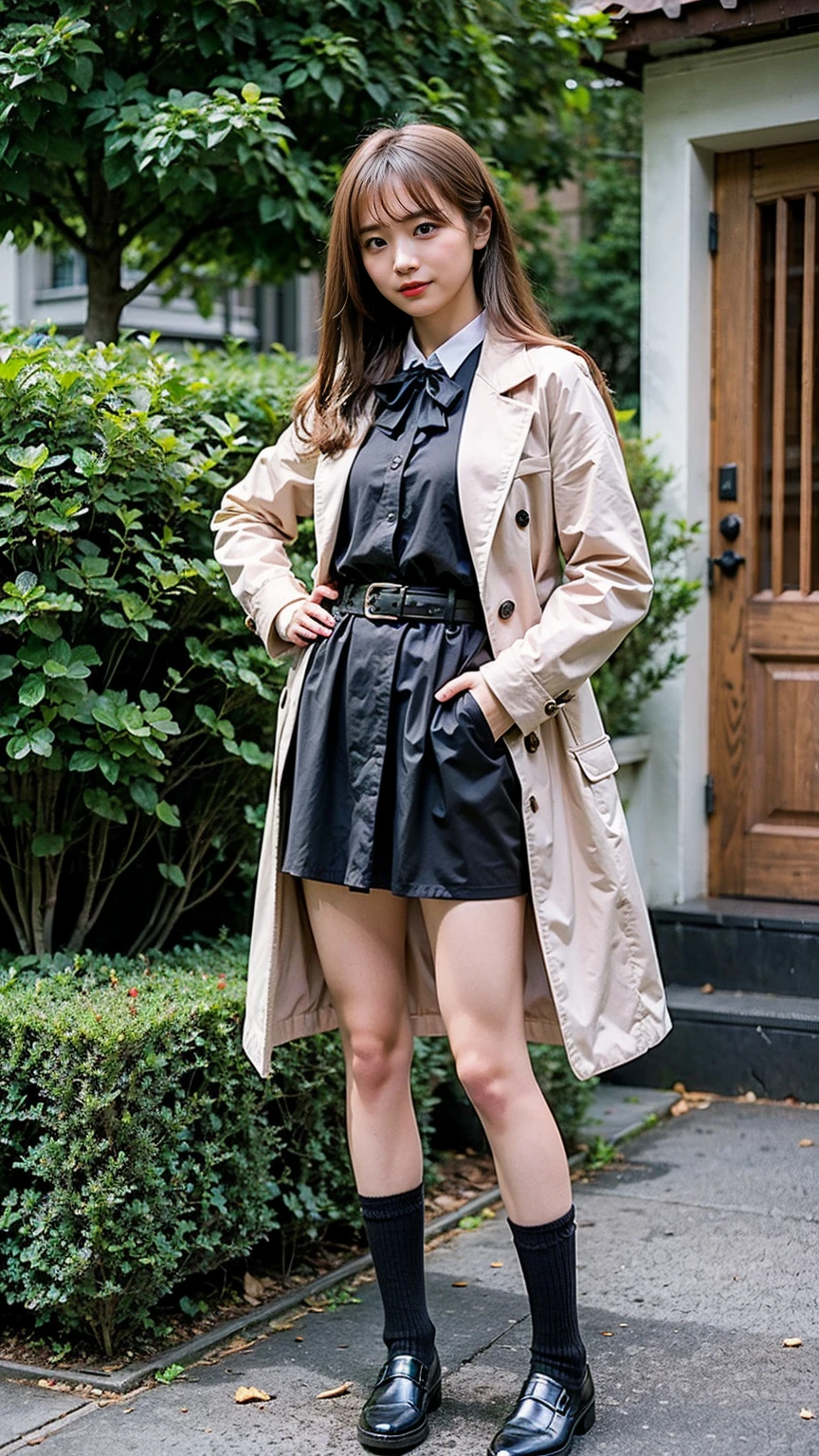 (8K、RAW Photos、Highest quality、masterpiece:1.2)、(Realistic、Realistic)、1 Girl、((Pink Coat、smile、Black mini dress、whole body、Knee socks、loafers、garden、chest emphasis、whole body、View from the front、Ribbon on chest、Looking into the camera、belt、Stand with hands on hips))、