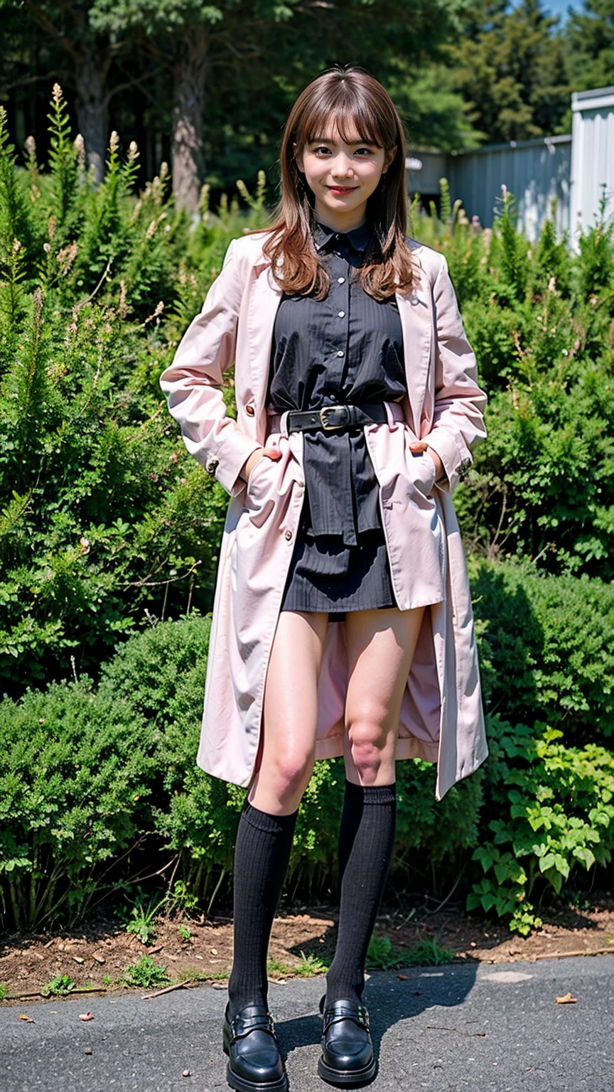 (8K、RAW Photos、Highest quality、masterpiece:1.2)、(Realistic、Realistic)、1 Girl、((Pink Coat、smile、Black mini dress、whole body、Knee socks、loafers、garden、chest emphasis、whole body、View from the front、Ribbon on chest、Looking into the camera、belt、Stand with hands on hips))、