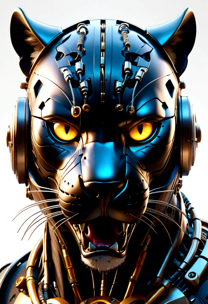 Highest quality, spectacular lighting, scary expression, aggressive expression, roaring, spectacular atmosphere, futuristic, panther helmet, head portrait, metal cat, cyborg. ,cyberpunk style,mechanical intricate details, complicated details Too much detail, light bulb, cinematic image, vignette, white background effect, Panther, straight face.