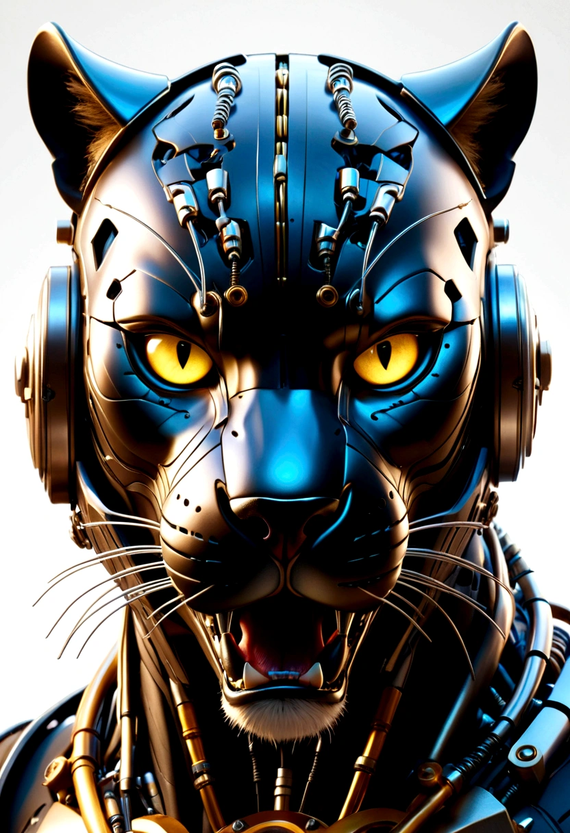 Highest quality, spectacular lighting, scary expression, aggressive expression, roaring, spectacular atmosphere, futuristic, panther helmet, head portrait, metal cat, cyborg. ,cyberpunk style,mechanical intricate details, complicated details Too much detail, light bulb, cinematic image, vignette, white background effect, Panther, straight face.