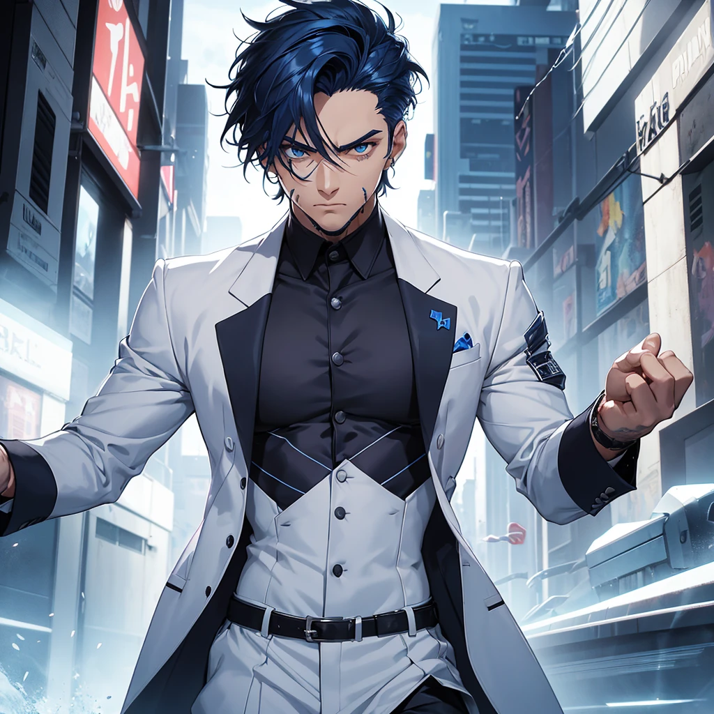 male character. strong. dark blue hair. he has lines on his body. Your face is serious. The scenario should be futuristic. he wears a white dress shirt with a jacket over it. he also has blue tattoos on his body
