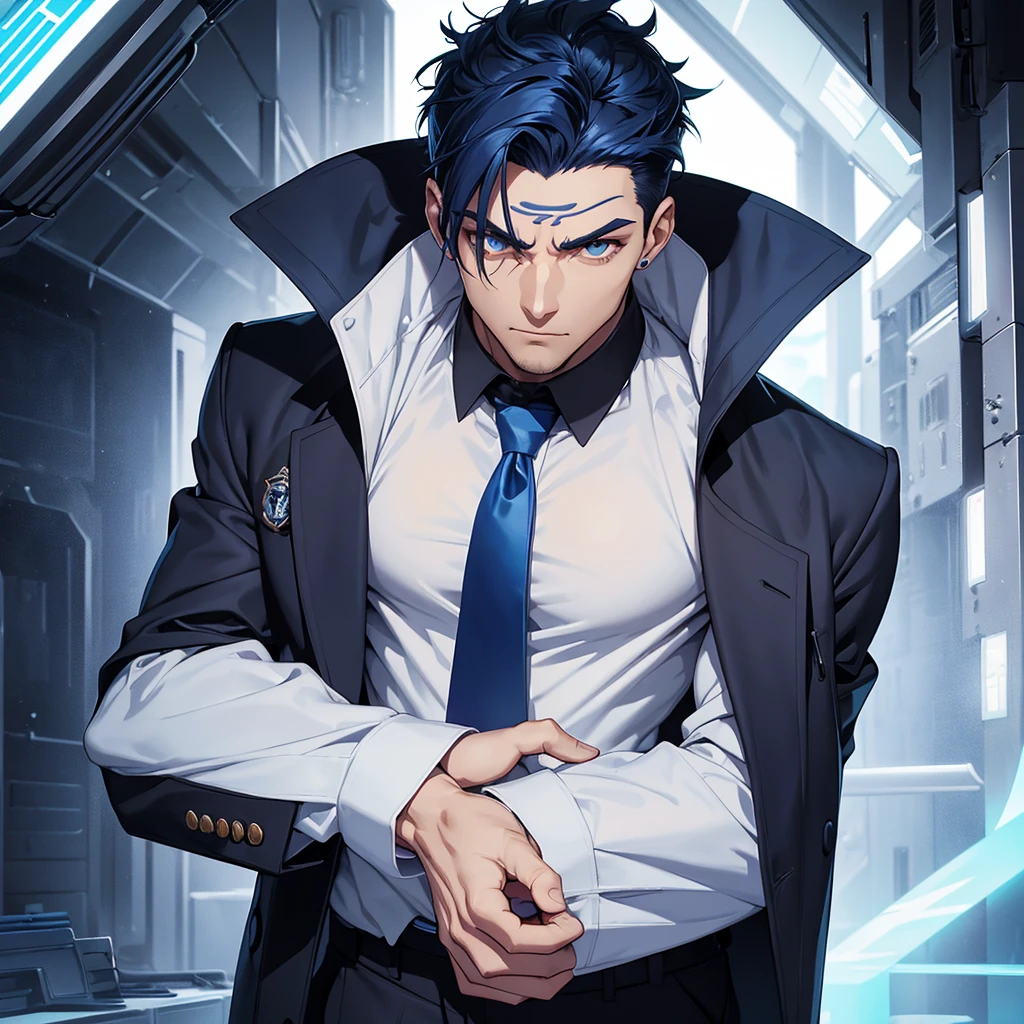 male character. strong. dark blue hair. he has lines on his body. Your face is serious. The scenario should be futuristic. he wears a white dress shirt with a jacket over it. he also has blue tattoos on his body
