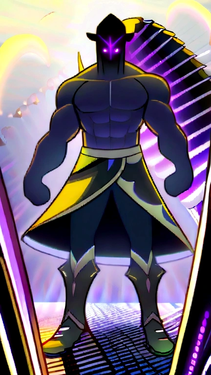 he has long black hair with pointy purple highlights, he has bangs that cover his left eye, he wears brown pants along with high boots that reach the knee and that looks like sheep's paws, he has a pair of horns and he has wolf ears, his eyebrows are thick and short and his eyes are droopy and tired, the color of his eyes is purple and he has bestial pupils, he has a huge wolf tail 2.3 in size, he is a tall man 1.90 tall