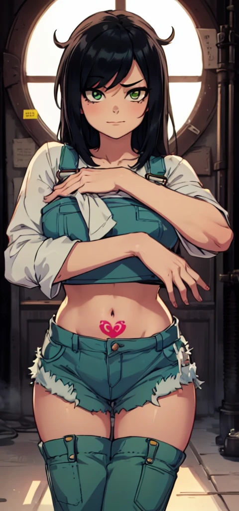 masterpiece, best quality, 1girl, ((young girl)), shiny skin, (thin waist), ((curvy)), ((wide hips)), ((small size)), hot, soft natural lighting, reflections, bright illuminations, full body, (((sexy yellow overalls))), (((tatoo on thigh))) navel, big long black hair, tomoko, sexy, slim figure, Detailed green eyes, Detailed face, Detailed eyes, tomoko kuroki, watamote, bare arms, big breats