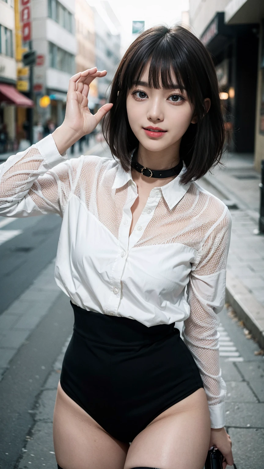 (best quality, masterpiece:1.3), (actual, photo actual:1.3), ultra high resolution, ultra high definition, Extremely detailed CG unified 8k wallpaper, (actual skin, Delicate skin), (perfect anatomy), (official art, Beautiful and beautiful), (generous smile:1.3), (seductive face:1.3), (korean woman:1.3), alone, depth of field, street，(big breasts:1.1)，(medium full shot:1.5)，（mesh daily outfits:1.3), （curvy hips:1.1), (collar), (naturally look at camera:1.3), (blunt bangs:1.5), (stockings)