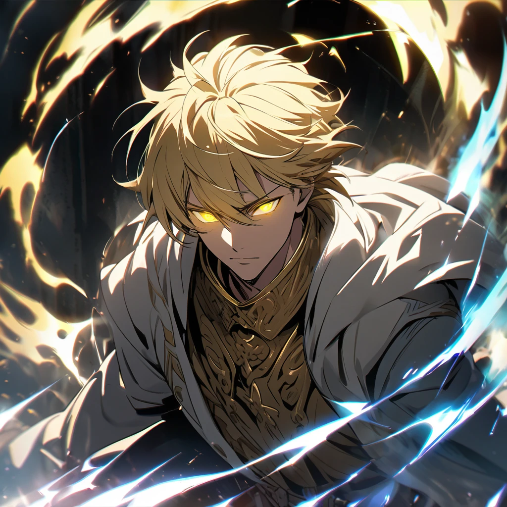 male, solo, handsome, blond hair, god, god eyes, glowing eyes, light, aura, holo, golden