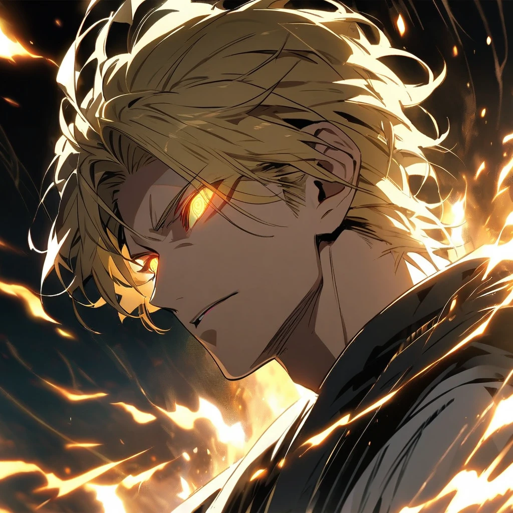 male, solo, handsome, blond hair, god, god eyes, glowing eyes, light, aura, holo, golden