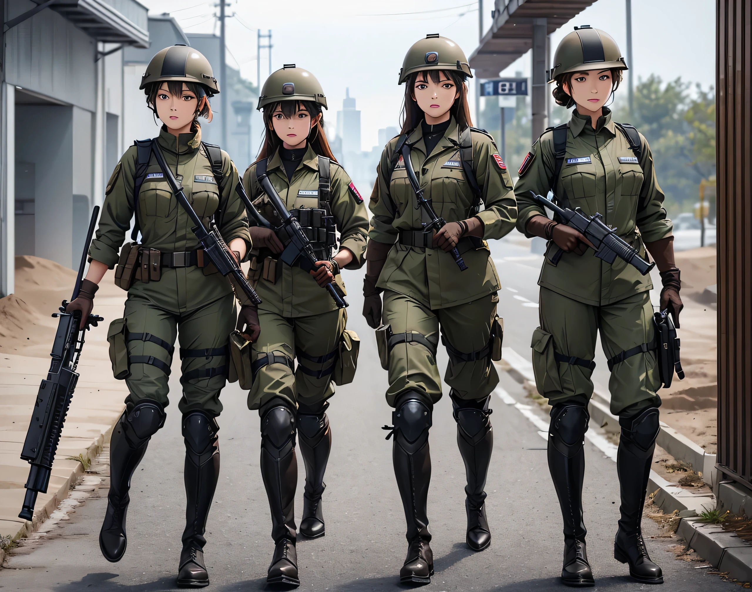 A group of female soldiers patrolling with guns、Wearing dark brown M-51 military uniform、Wear a steel helmet、Brown diagonal shoulder strap、Gloves、Riding boots、best quality、laboratory、Highly detailed CG、8K picture quality
