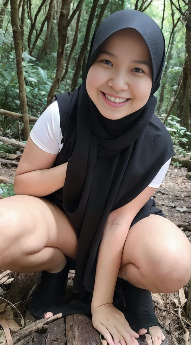 A 52 years old naked Indonesian woman in hijab, wearing eyeglasses, smiling and sitting cross-legged in a dark forest, look to the viewer with eye close, dense pubic hair, darker skin, curvier body, short body, flat-chested, small breasts