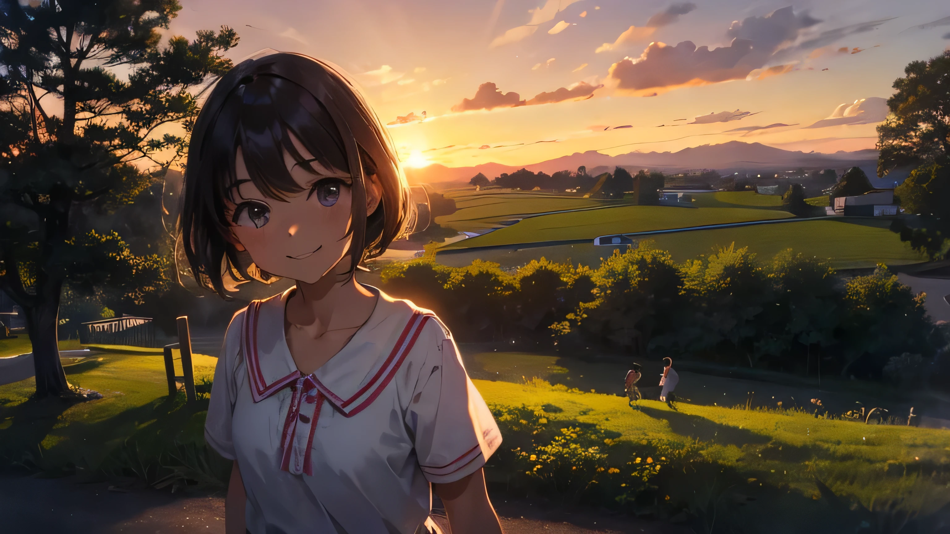 Please depict a young girl smiling in a nostalgic rural park during sunset.