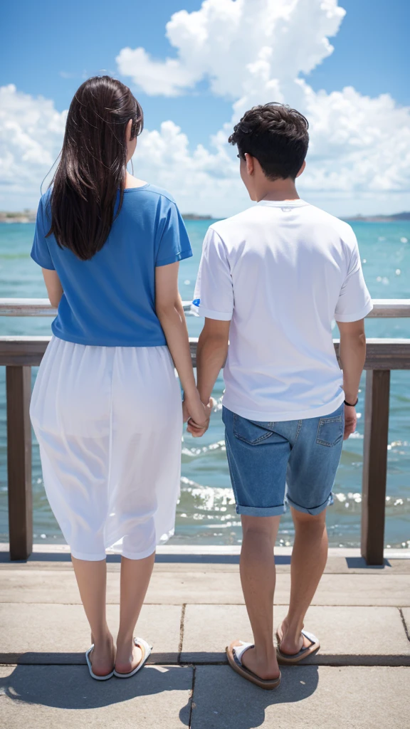 Blue sky with white clouds Seaside Pier Casual clothing Back view of a man and woman holding hands