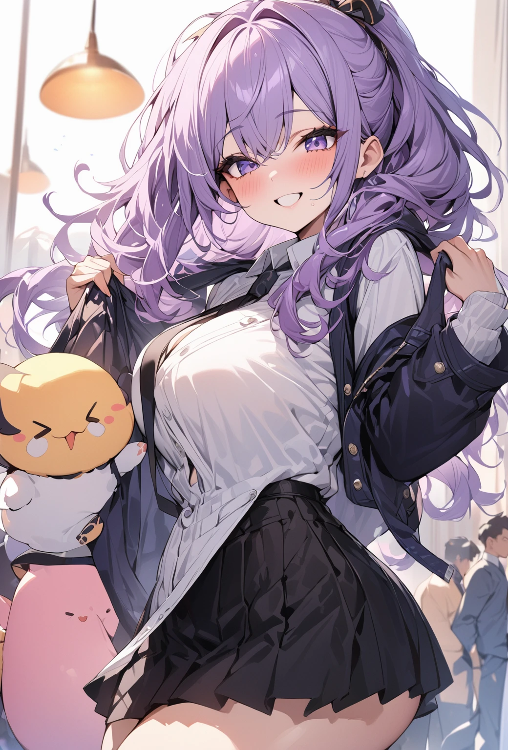 ((Highest quality)), ((masterpiece)), ((Very detailed)), A cute, energetic and active woman with purple hair, about 165cm tall.，A high school girl with a cute smile and ample breasts wearing a cool men&#39;s top with a cute patterned hood and cool decorations that expose her navel，Small Faced Woman，alone, Cute attitude,(background(bright)，Long Hair - Straight，Knee-high socks、A cool men&#39;s white hooded jacket with cute patterns and cool shoulder decorations.，Cool men with bare belly buttons，White wall、Sitting、Facing the viewer、縁に模様がある壁が1面のbackground