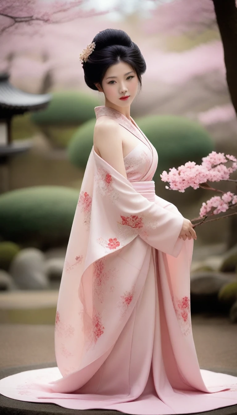 (A tasteful full-body nude:1.5) photograph of a geisha with a serene, slightly smiling face. Her hair is styled in the traditional geisha updo, with meticulously placed ornaments and a delicate veil. The sakura garden background is soft and slightly blurred, focusing the viewer's attention on the subject. The overall atmosphere of the image is calm, elegant, and respectful.