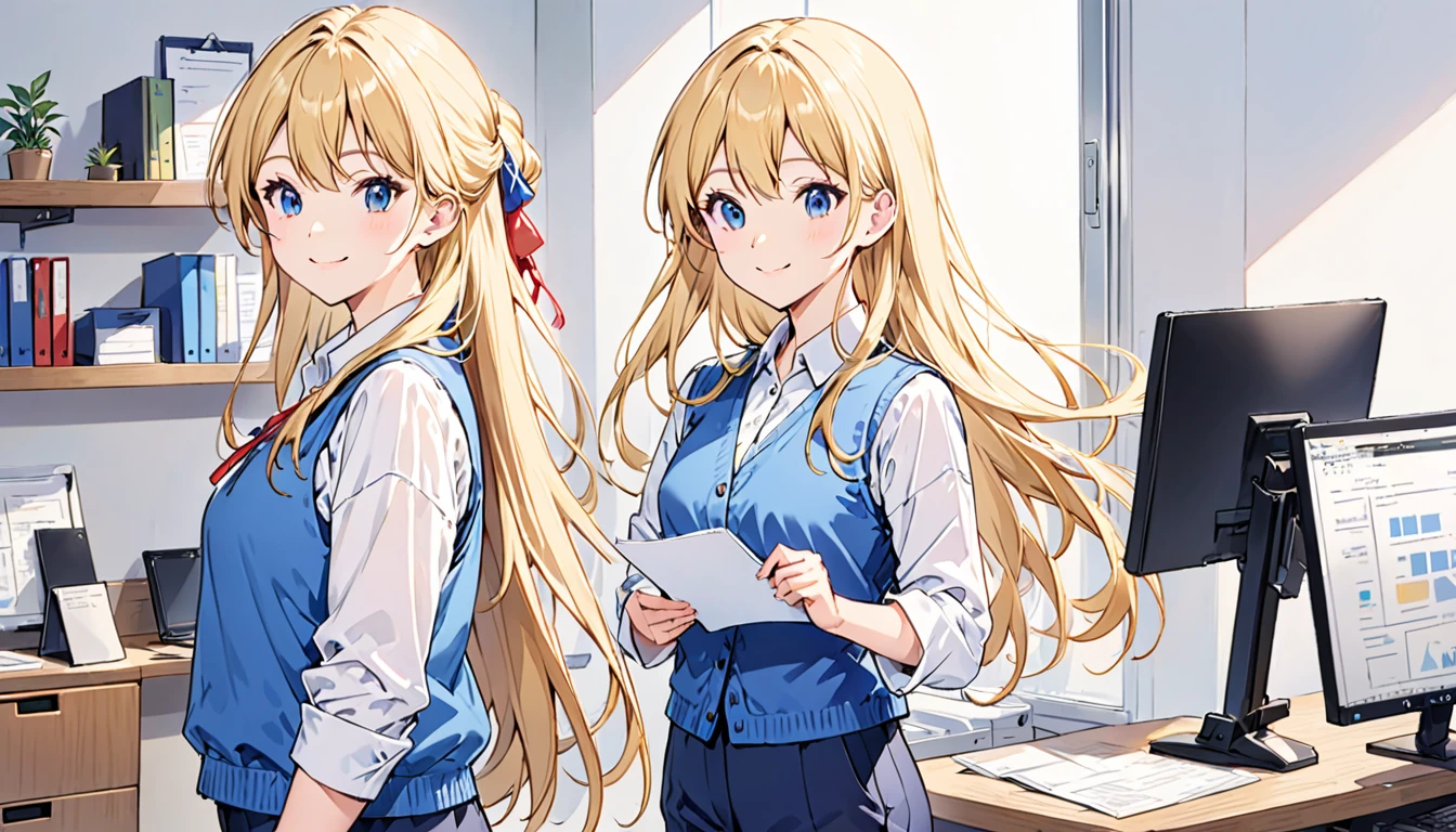 white shirt and blue vest、pants、Are standing、Working in an office、Long Hair、Blonde、smile、One girl on a simple background