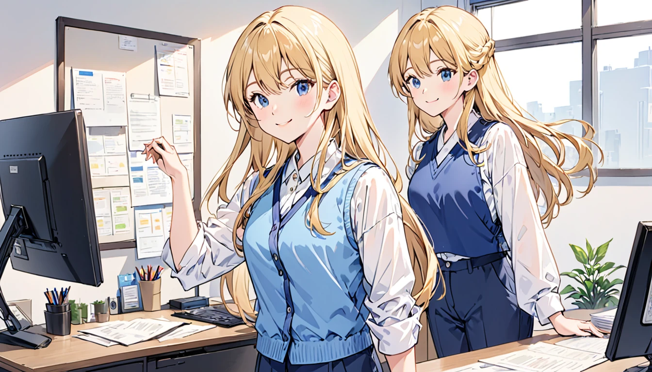 white shirt and blue vest、pants、Are standing、Working in an office、Long Hair、Blonde、smile、One girl on a simple background