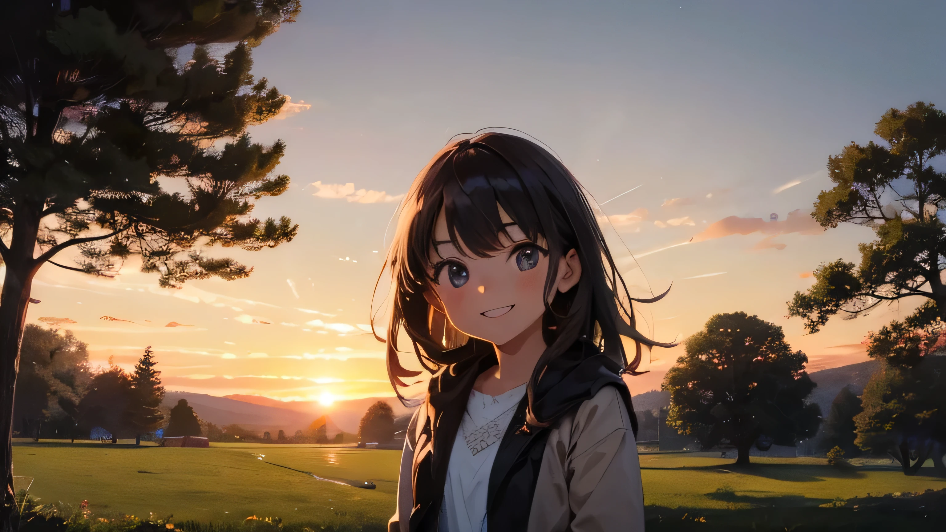 Please depict a young girl smiling in a nostalgic rural park during sunset.
