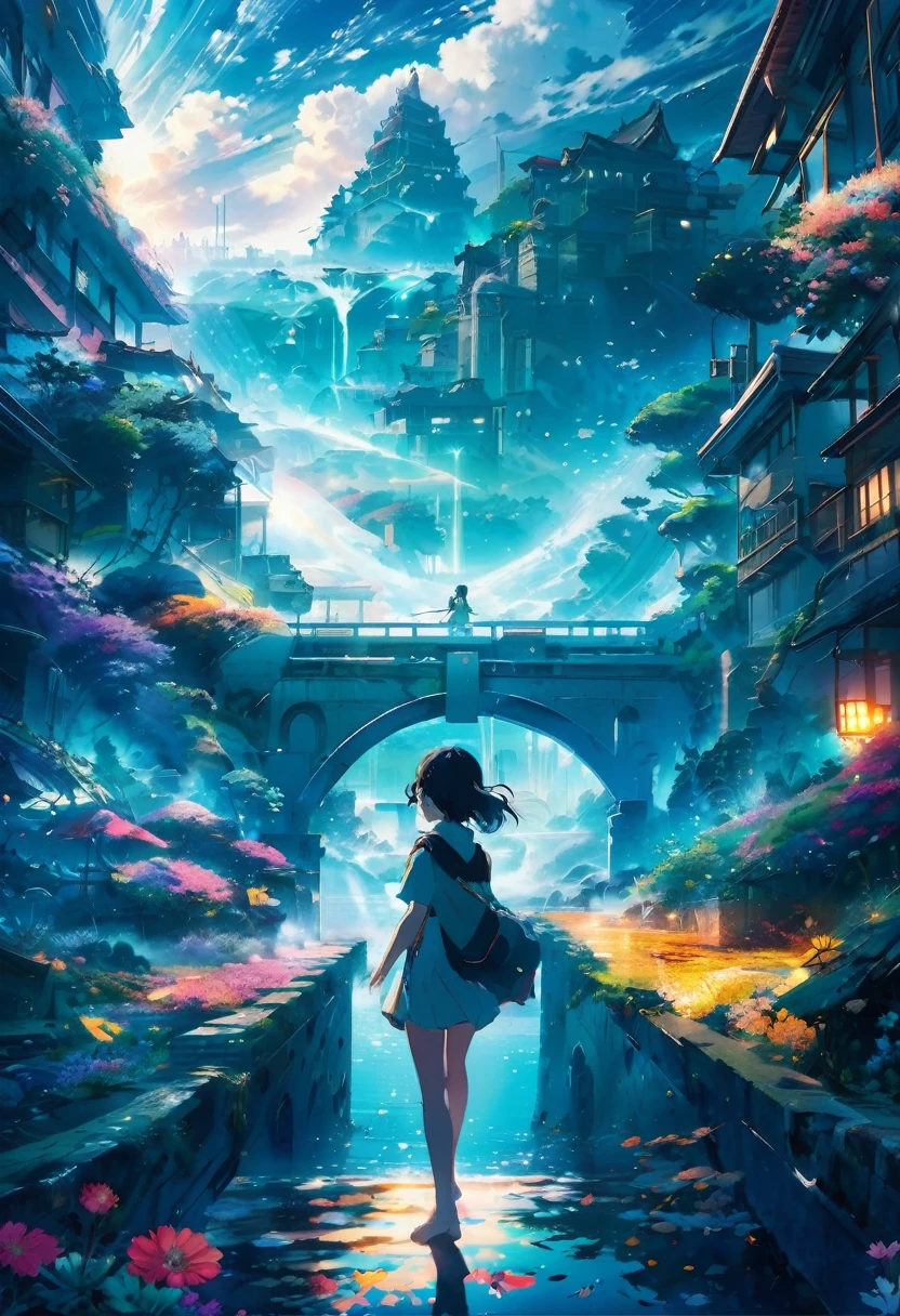 anime key visual, Masterpiece landscapes,A girl, from a sunken city, complex background, foggy condition, cyberdelic, flowering light, Macro lens, Estilo Tsuchida, colorful splash, water drops in the landscape, Dew