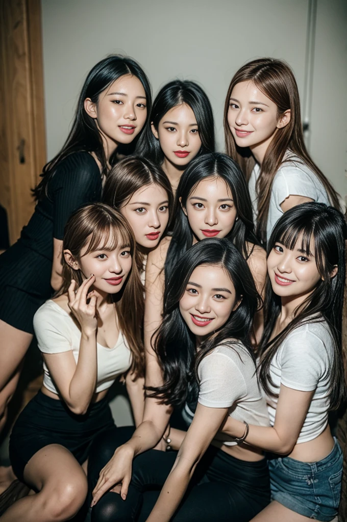 (8K、RAW photography、top-quality、tmasterpiece:1.2)、ultra - detailed、Hyper-Resolution、(hyper realisitc:1.4)、(Use the kiss you throw as a camera)from the above、camera shot from above、Shoot the camera angle from above、I look at this with upward eyes、Arms outstretched、Arms spread wide、Use high-quality images taken from above with your camera、(Five girls in the attic 1:1.3)、、Offshore girls(dreamlike lighting)Head to waist、、white skinned、Fair-skinned female proofreading、super high image quality、、Beautiful female proofreading reflecting in light、astonishing detail、Beautiful girls in very detailed、(Faces with different patterns1:1.2)、(Different facial emotions 1:1.3)、Each hairstyle has its own characteristics、colours々Hairstyles、colours々The hair color shines with a clean sheen、I love fishing on the boat、Brown hair shining in the light、One has a ponytail、、Modern cute girl、very detailed faces very detailed eyes、Very realistic skin、 Extremely detailed fingers, Highly detailed nose, highly detail mouth, perfect anatomia, (Miniskirt 1:1.2)、、Their hair details sparkle、Hot teeth and smiles、Realistic body, white skinned, glistning skin, Slim body, Long straight hair, (Blunt bangs:1.2), , nixeu and sakimichan, twice, seifuku, sakimichan, promotional still, lalisa manobal, alena aenami and lilia alvarado