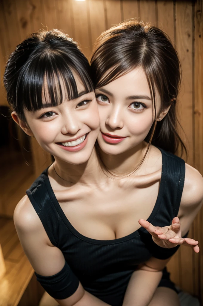 (8K、RAW photography、top-quality、tmasterpiece:1.2)、ultra - detailed、Hyper-Resolution、(hyper realisitc:1.4)、(Use the kiss you throw as a camera)from the above、camera shot from above、Shoot the camera angle from above、I look at this with upward eyes、Arms outstretched、Arms spread wide、Use high-quality images taken from above with your camera、(Five girls in the attic 1:1.3)、、Offshore girls(dreamlike lighting)Head to waist、、white skinned、Fair-skinned female proofreading、super high image quality、、Beautiful female proofreading reflecting in light、astonishing detail、Beautiful girls in very detailed、(Faces with different patterns1:1.2)、(Different facial emotions 1:1.3)、Each hairstyle has its own characteristics、colours々Hairstyles、colours々The hair color shines with a clean sheen、I love fishing on the boat、Brown hair shining in the light、One has a ponytail、、Modern cute girl、very detailed faces very detailed eyes、Very realistic skin、 Extremely detailed fingers, Highly detailed nose, highly detail mouth, perfect anatomia, (Miniskirt 1:1.2)、、Their hair details sparkle、Hot teeth and smiles、Realistic body, white skinned, glistning skin, Slim body, Long straight hair, (Blunt bangs:1.2), , nixeu and sakimichan, twice, seifuku, sakimichan, promotional still, lalisa manobal, alena aenami and lilia alvarado