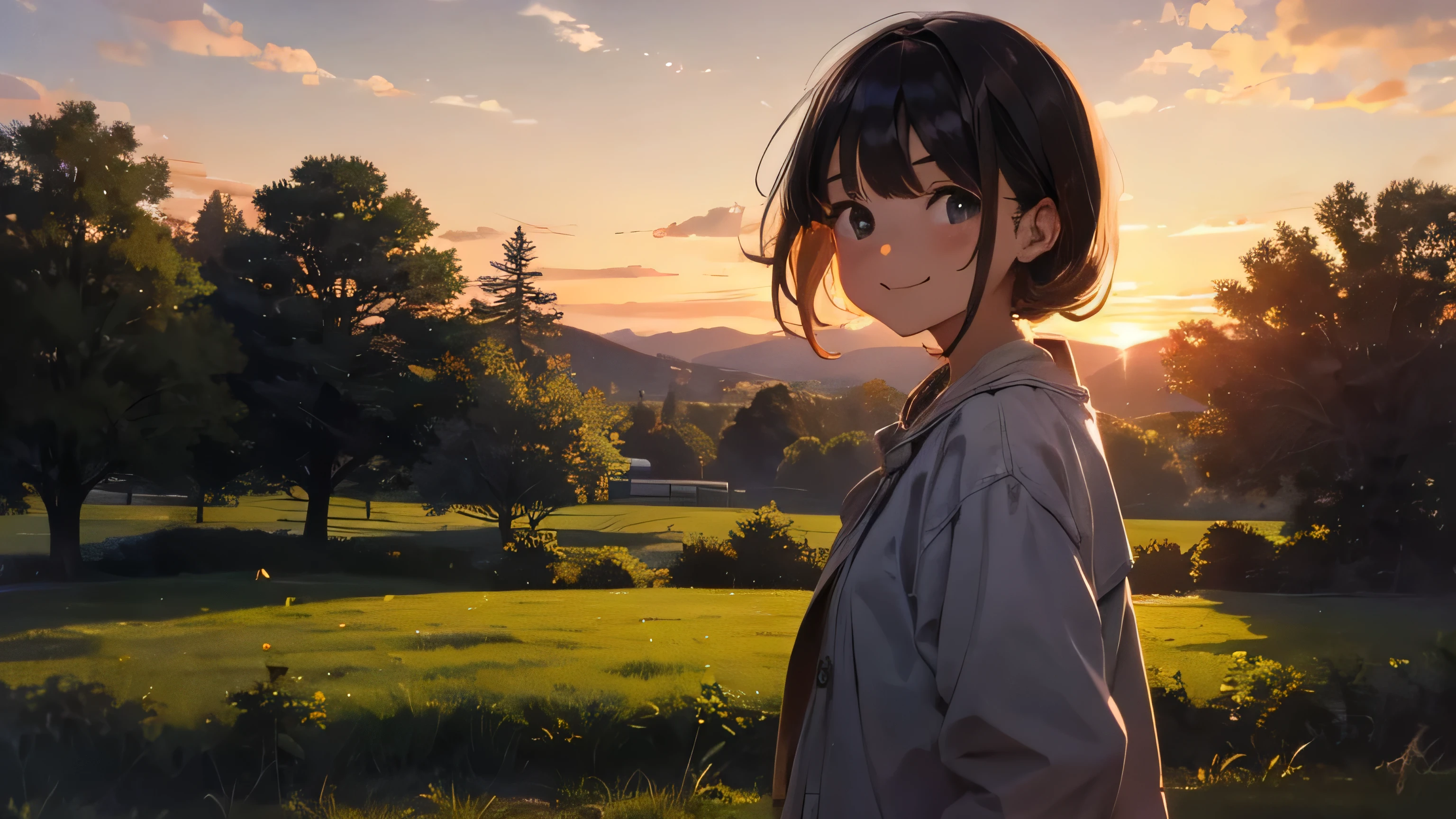 Please depict a young girl smiling in a nostalgic rural park during sunset.