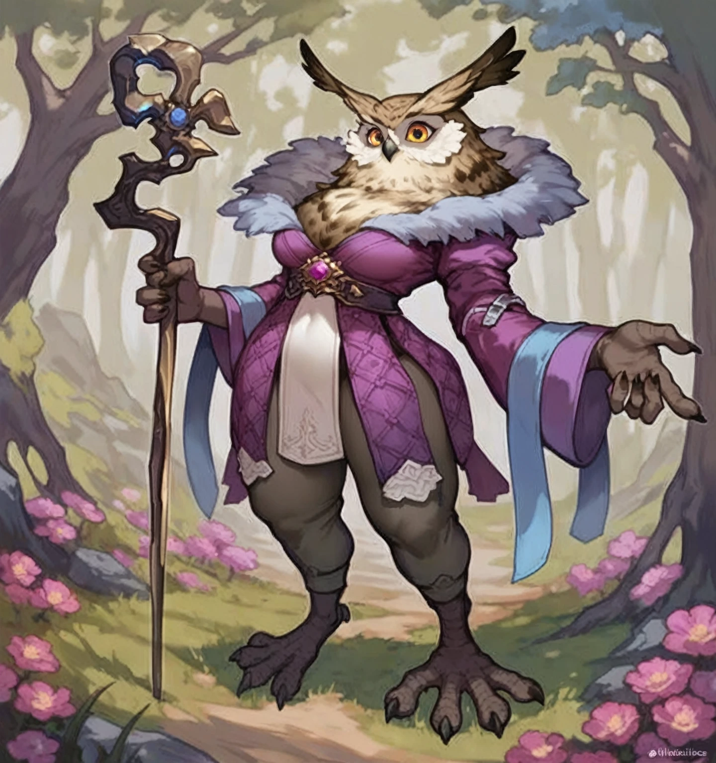 masterpiece, highly detailed, best quality, 1woman, adult, female focus, solo, Fantasy aesthetics, Highly detailed, shadowverse style, were owl