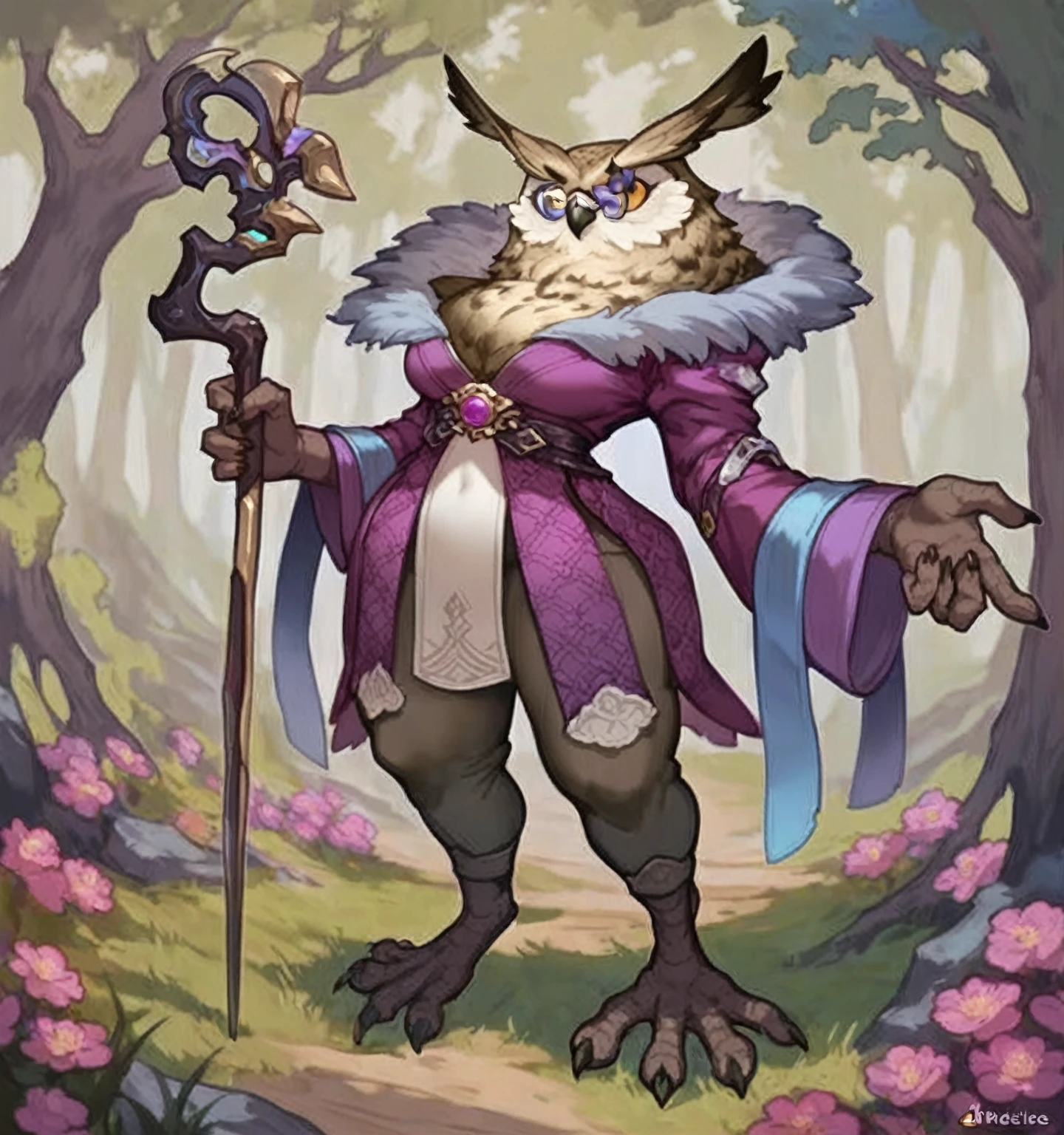 masterpiece, highly detailed, best quality, 1woman, adult, female focus, solo, Fantasy aesthetics, Highly detailed, shadowverse style, were owl