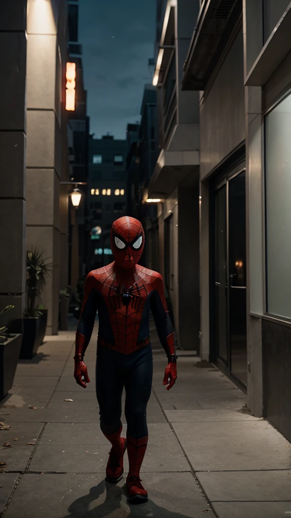 A 3 year old Spider Man boy without a mask is walking around the buildings , background of buildings at night, real photo, professional photo, realistic photo, clear photo, full HD, 4k 