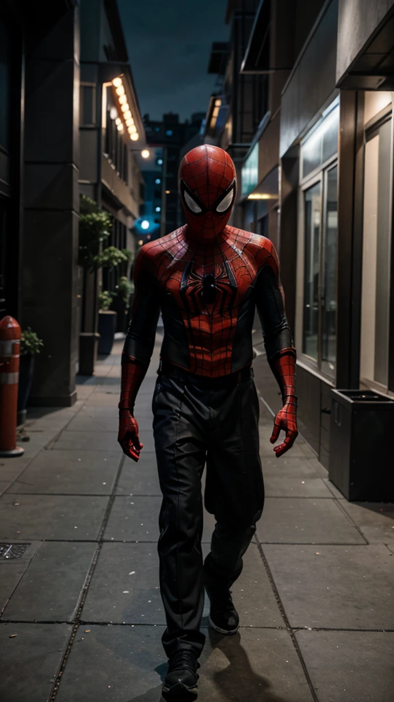 A 3  Spider Man boy without a mask is walking around the buildings , background of buildings at night, real photo, professional photo, realistic photo, clear photo, full HD, 4k 